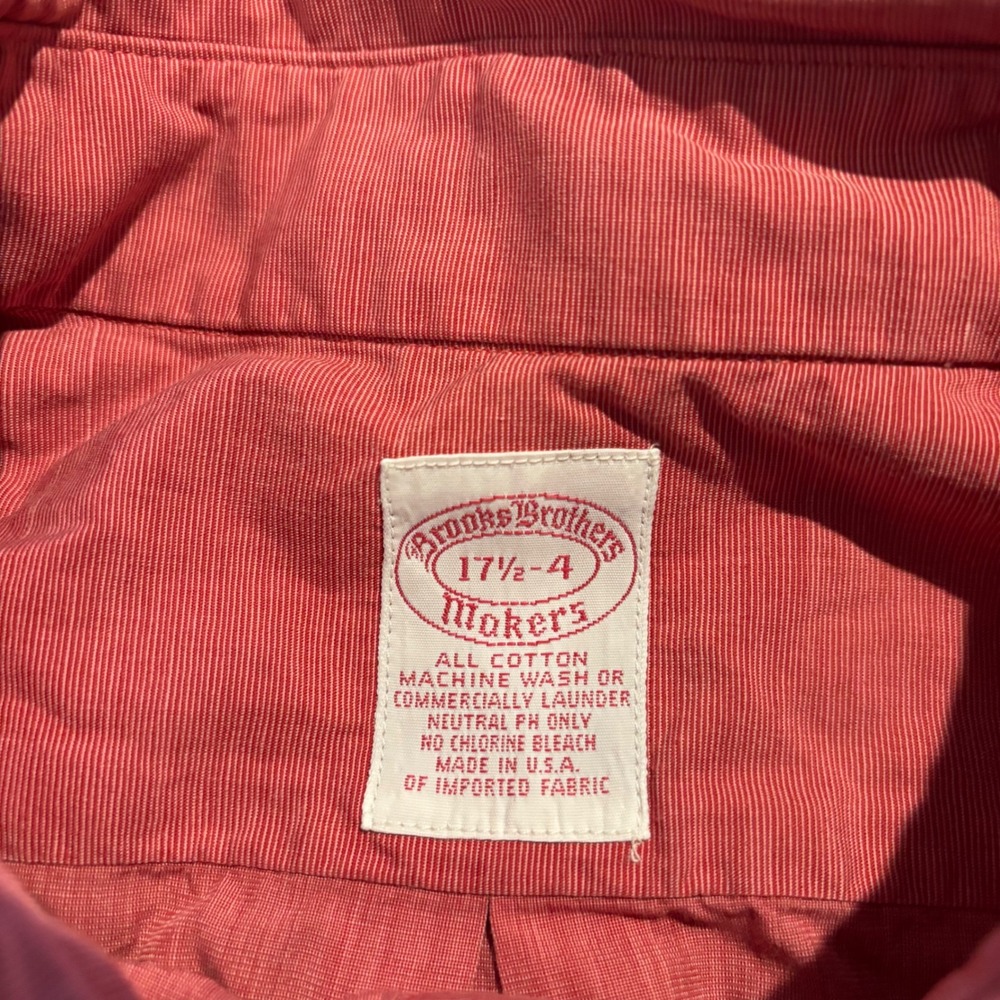 Brooks Brothers Makers Mens 17.5-4 Red/ Salmon Button Down Shirt USA Made - Picture 4 of 7